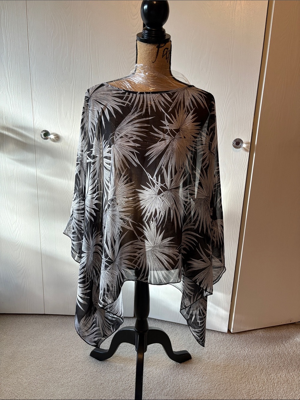 Sheer Black Palm-Print Swim Coverup